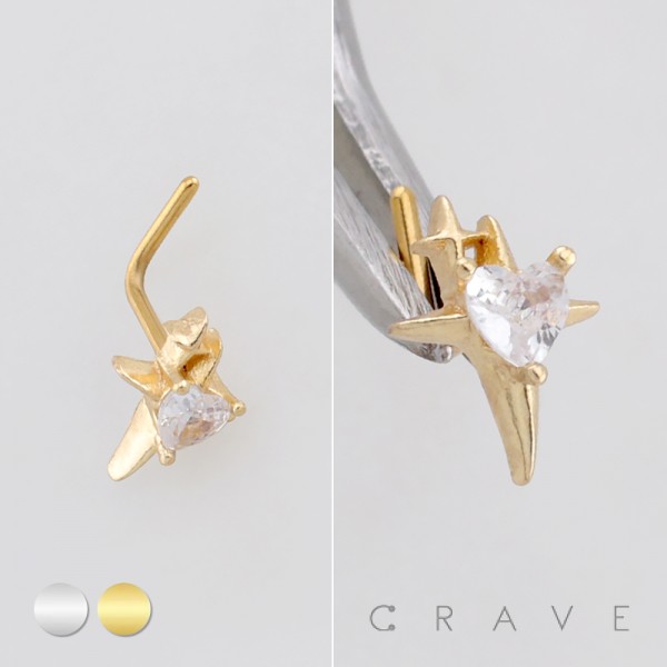 DIMENSIONAL HEART CZ STARBURST POLISH 316L SURGICAL STEEL L-SHAPE NOSE RING DIMENSIONAL HEART CZ STARBURST POLISH 316L SURGICAL STEEL L-SHAPE NOSE RING